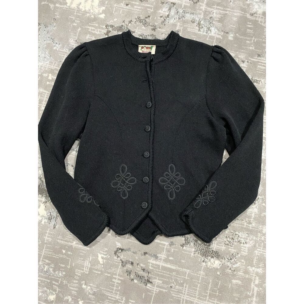 Size L/12/42, black vintage Astrifa 100% wool cardigan black rose style buttons.